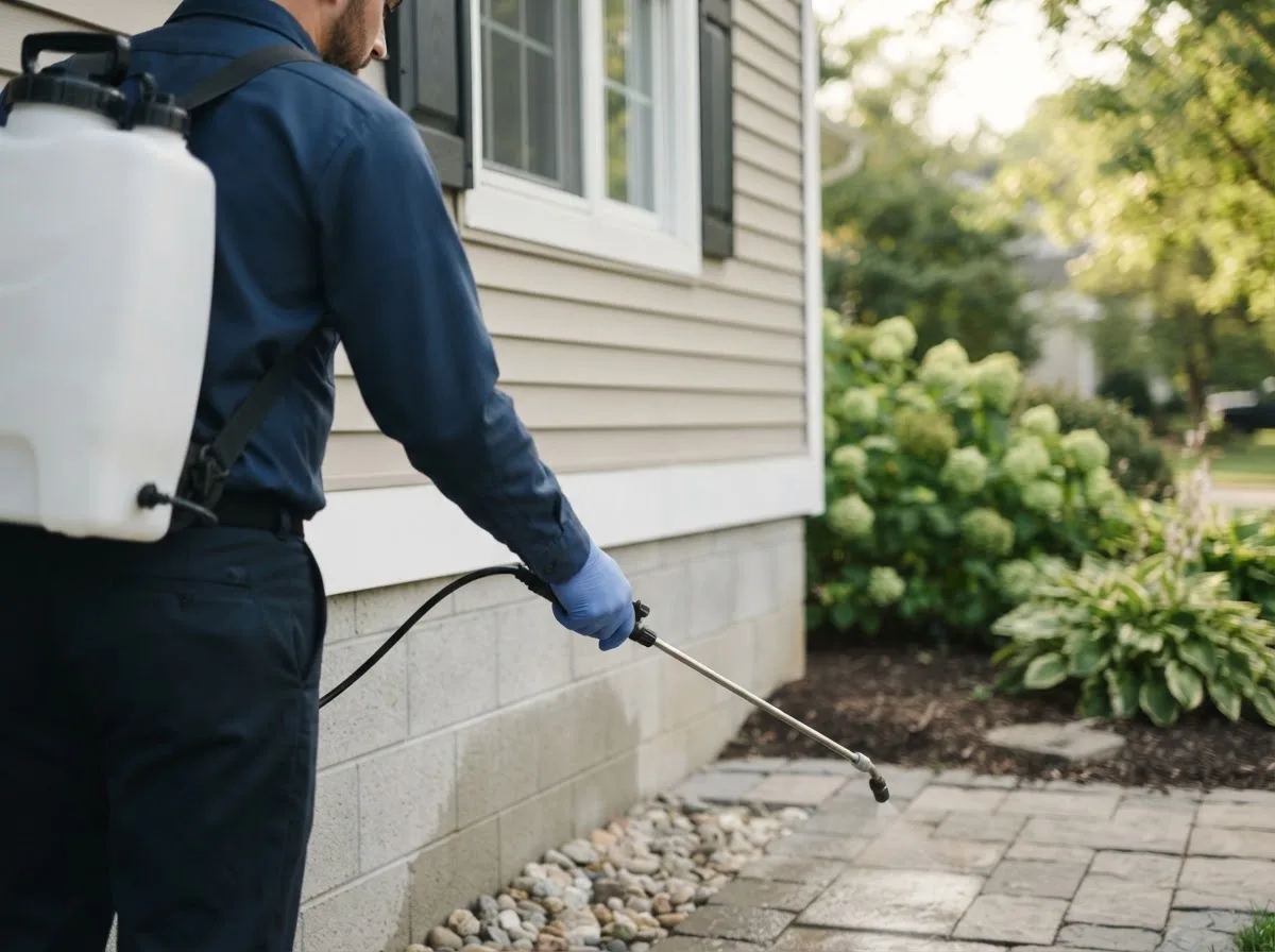 Pest control technician inspecting a home in Falls, PA